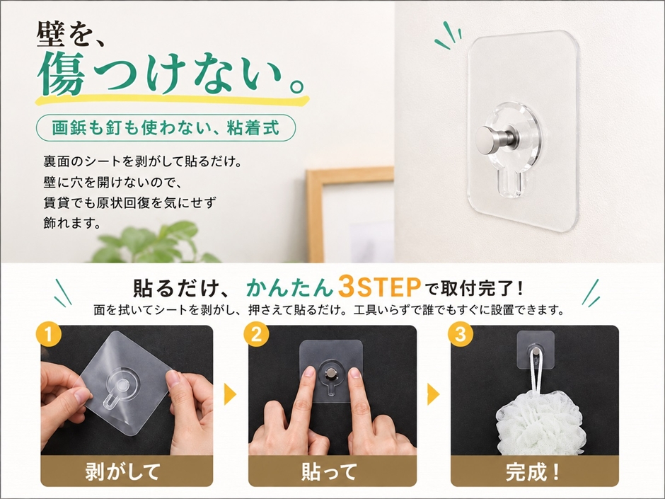壁掛けフック フォトフレーム 額縁 絵画 飾る 壁に穴を開けない クリア