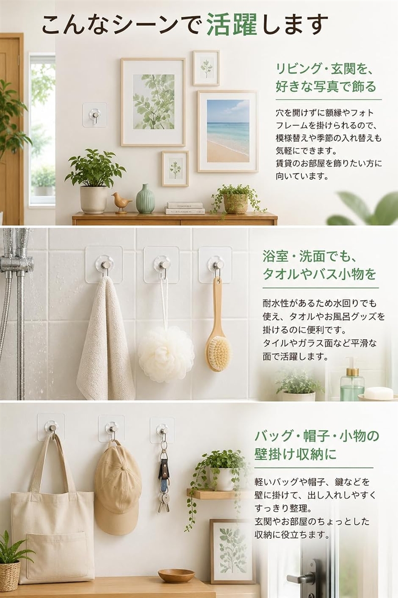 壁掛けフック フォトフレーム 額縁 絵画 飾る 壁に穴を開けない クリア