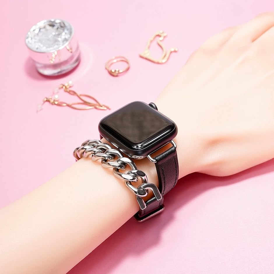 Apple watch チェーン ＆ レザー ベルト 40mm 41mm 42mm バンド 