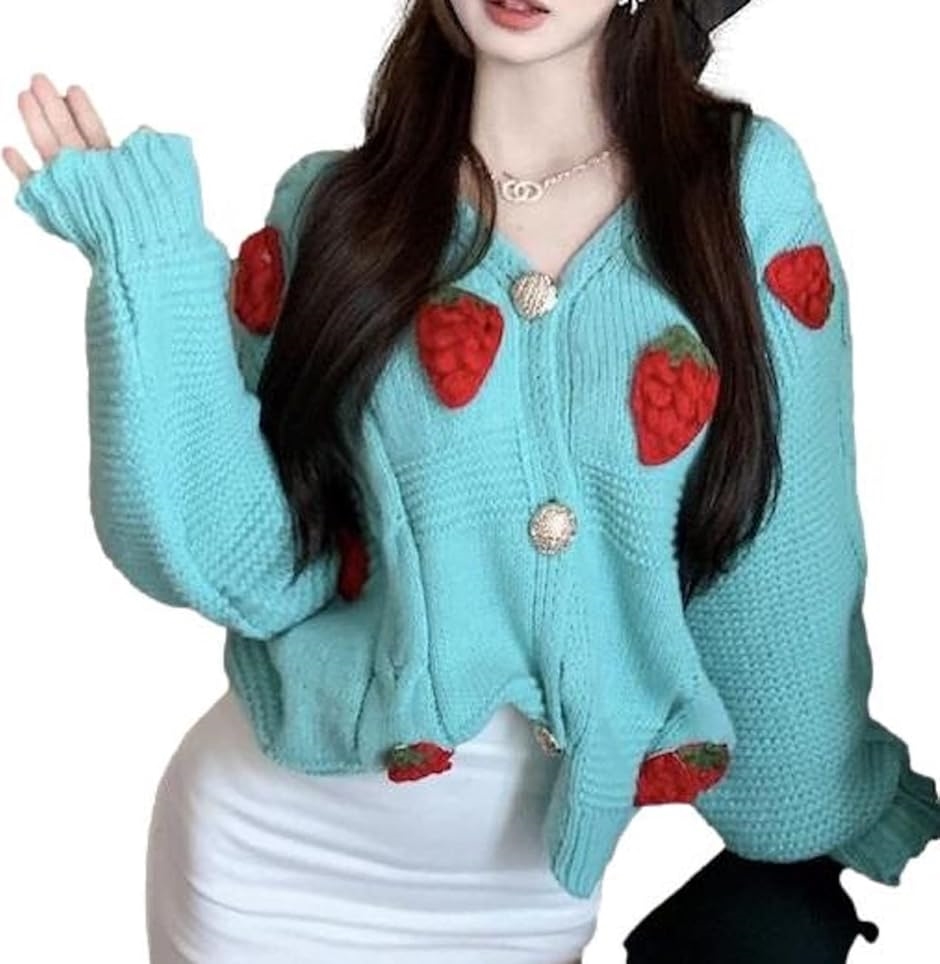 カーディガン イチゴ 柄 羽織 モチーフ 編み レッド 可愛い レディース