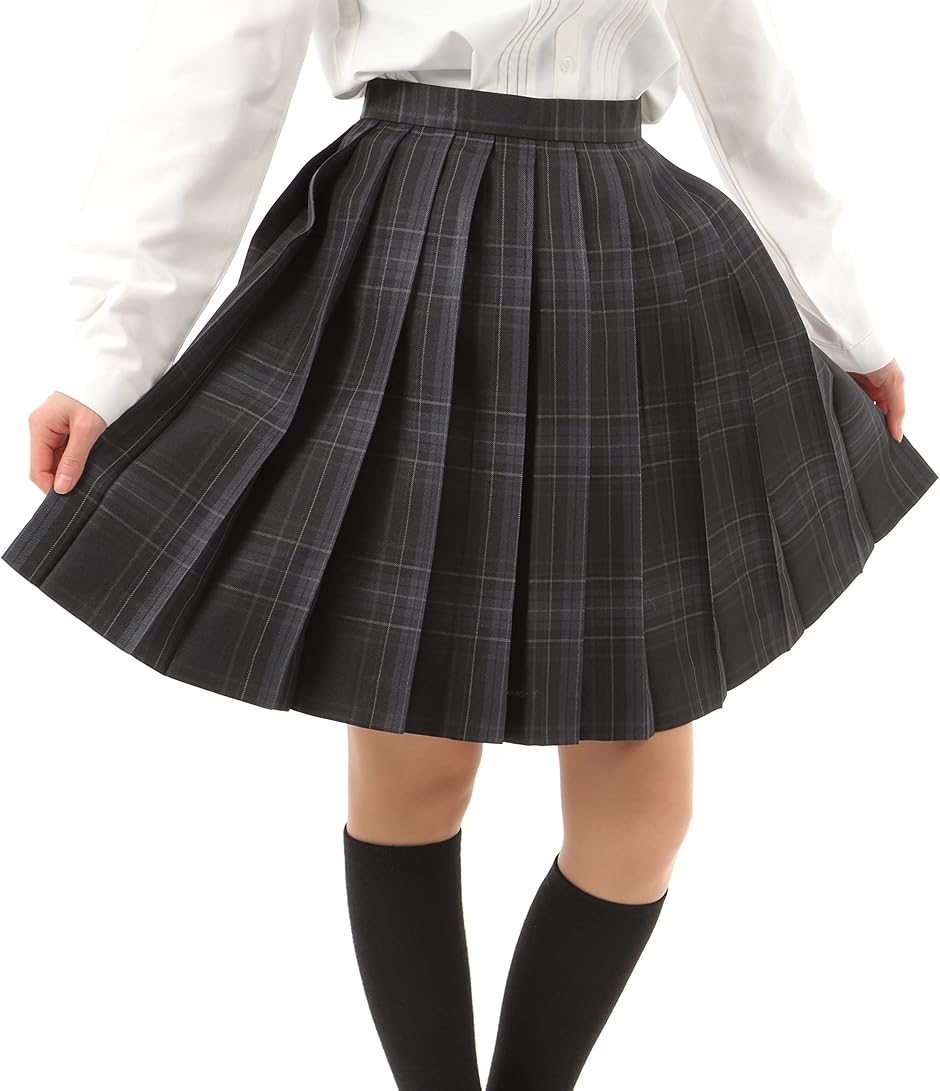 美品 プリーツプリーズ 大きめサイズ ランダムチェックスカート グレー黒 4 プリーツスカート チェック柄 丈48cm 膝上 スクールスカート 制服 女子