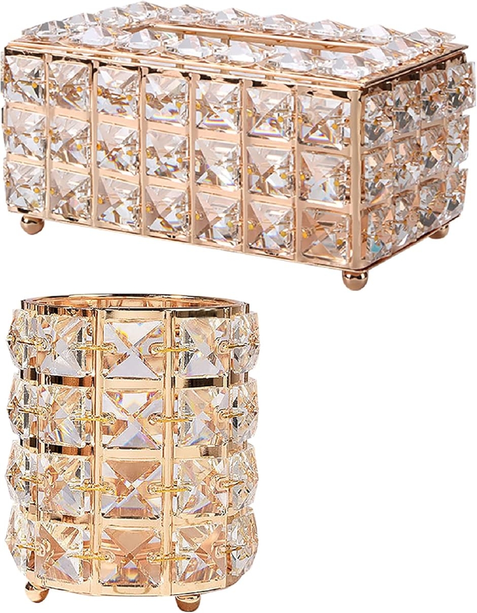 高級ティッシュ 豪華 ケース おしゃれ ボックス 収納 ブラシホルダー ペン立て (ゴールド,  Small)