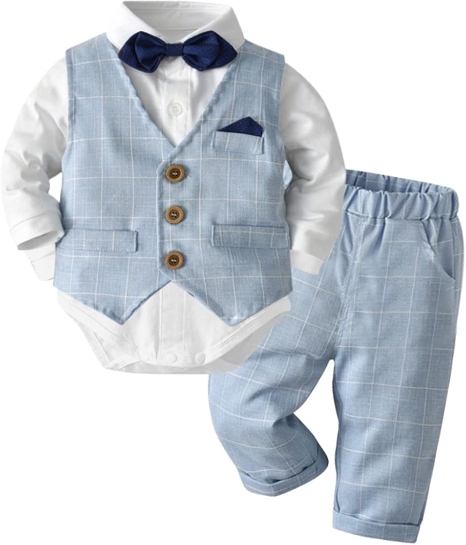 男の子 キッズ スーツ フォーマル セットアップ ベスト 初節句 結婚式 七五三 お宮参り 子供服 ベビー服(ブルー, 80)