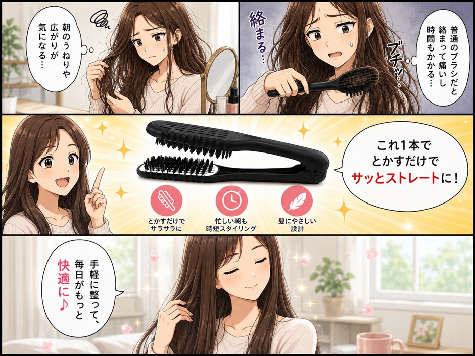 ツインブラシ ストレートブラシ 髪ブラシ 縮毛 櫛 サラサラ (ブラック