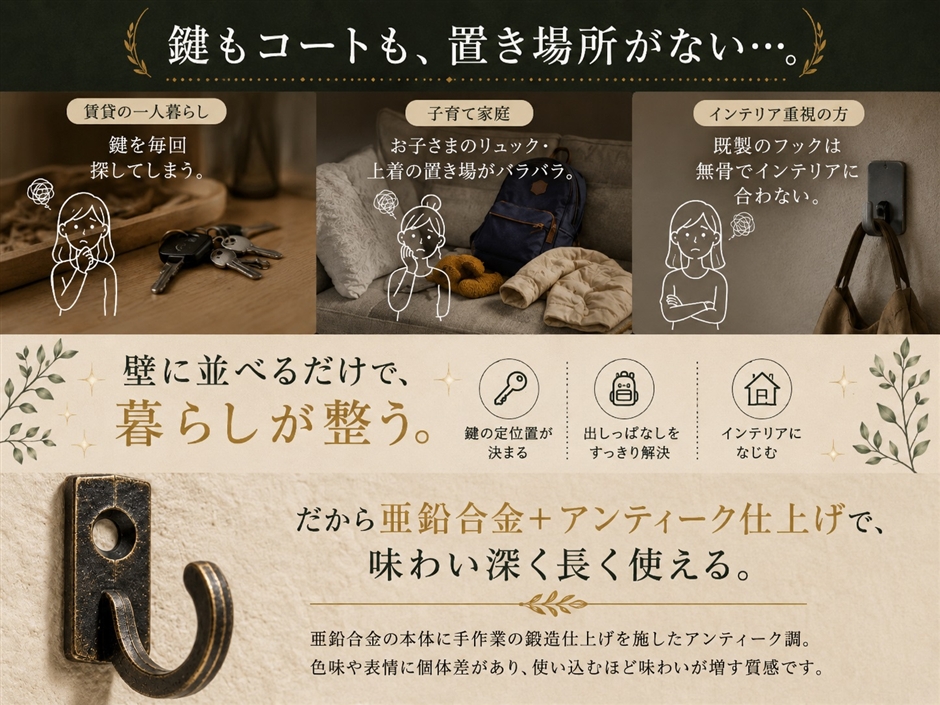 アンティーク 調 壁 フック ネジ付き 洋服 コート 帽子 ハンガー D 20