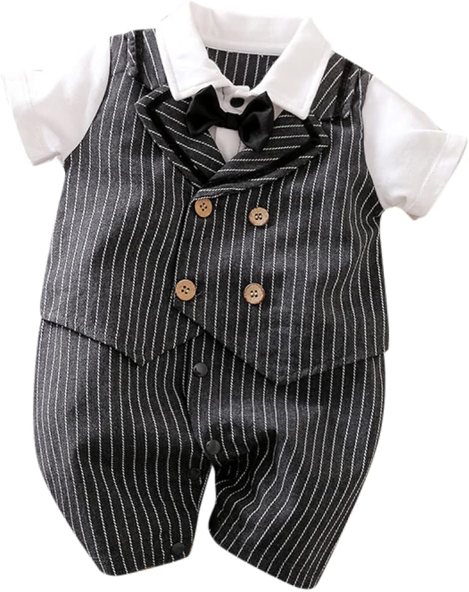 ベビー服 ベビーフォーマル 男の子 半袖 ロンパース ダークグレー ストライプ 90cm(ダークグレー ストライプ, 90)