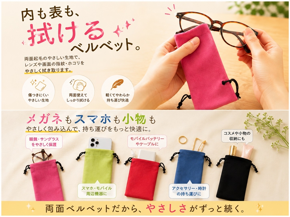 巾着袋 ポーチ袋 メガネケース 携帯電話 スマホ ベルベット 収納 5枚