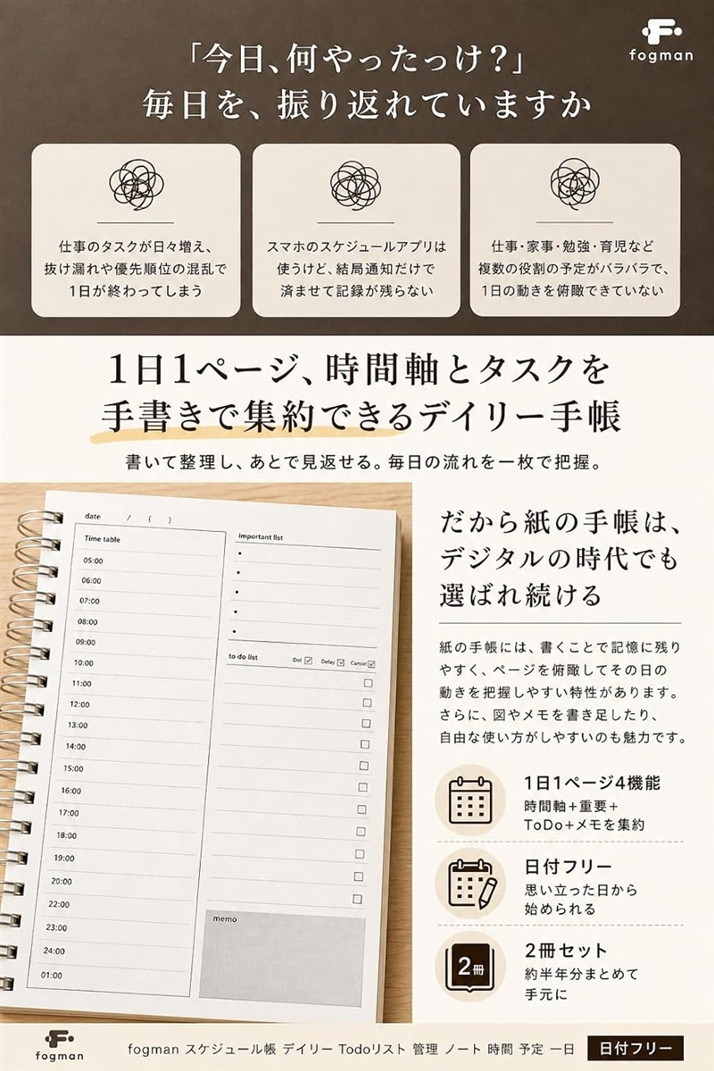 スケジュール帳 デイリー Todoリスト 管理 ノート 時間 予定 一日 2冊