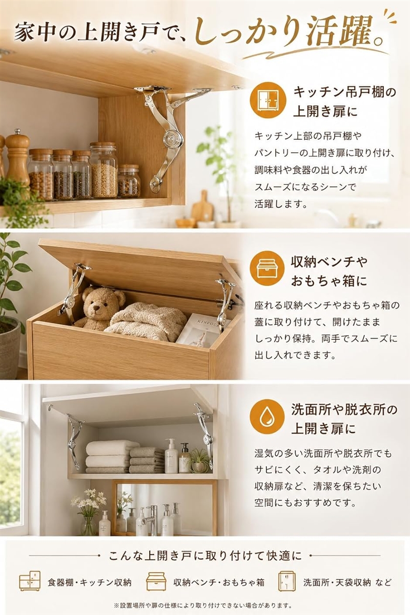 ヒンジ 金具 蝶番 折り畳み 蓋 食器棚 サポート 2本セット (銀