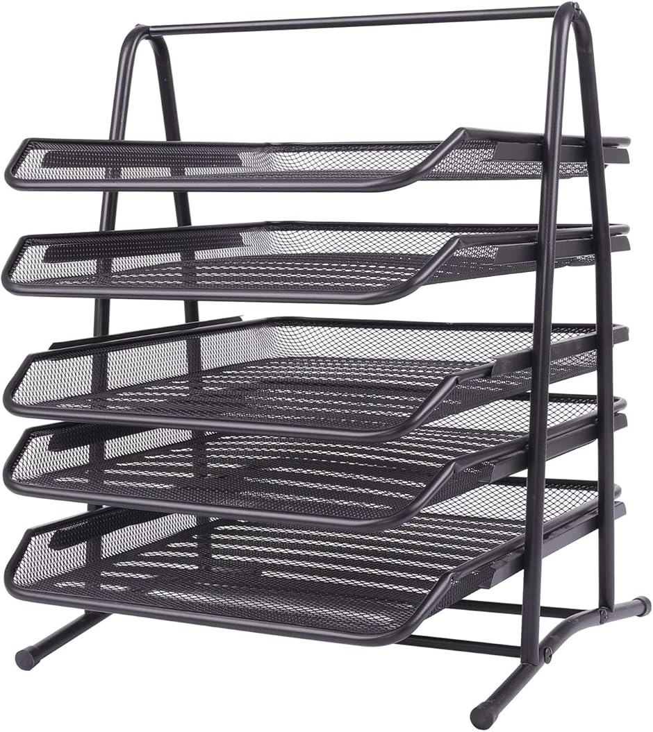 書類トレー 5段 組み立て式 メッシュ メタル A4ファイル レターケース 卓上 収納 ラック (ブラック)