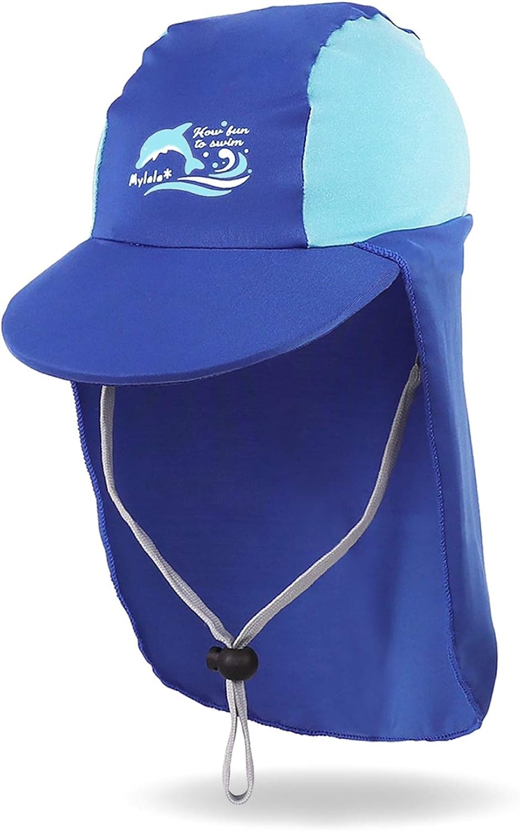 日よけ付き帽子 こども キッズ UV フラップキャップ スイムキャップ 水泳帽 日焼け防止 2-8歳 (ブルー,  M)