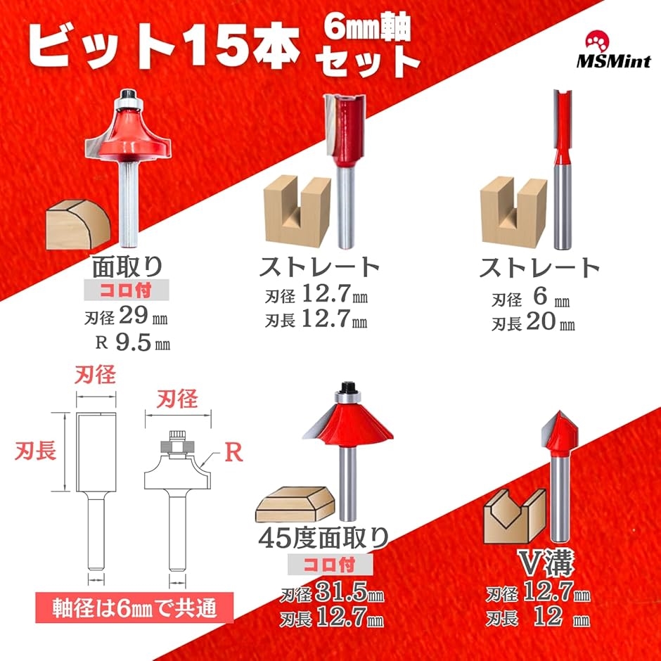 ルータービット トリマービット 6mm軸 セット ストレート ボーズ面