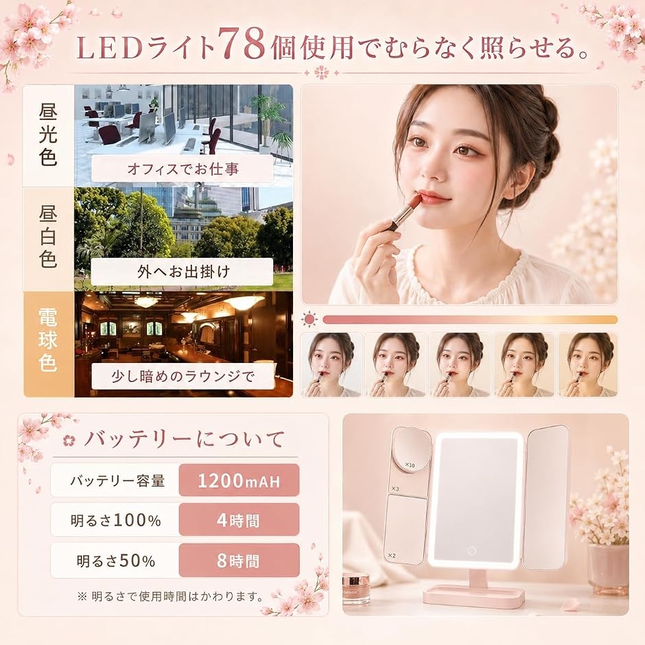 女優ミラー 3面鏡 2倍鏡 3倍鏡 10倍鏡 LEDライト 3光色切替 MDM