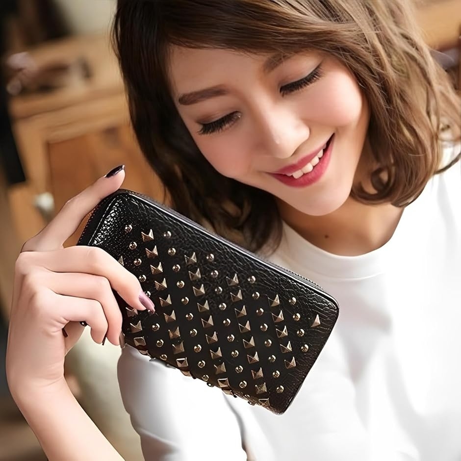 スタッズ 財布 レディース ブラック ファスナー カード入れ 長財布 鋲