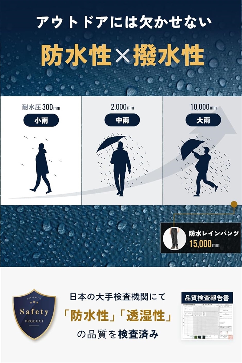 大雨でも快適 レインパンツ メンズ 防水 アウトドア 軽量 持ち運び