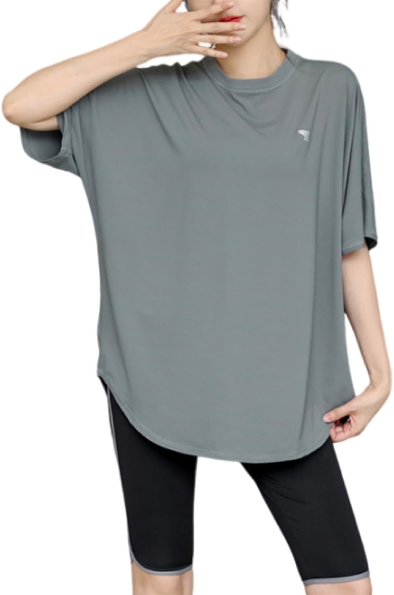 半袖　Tシャツ　レディース　バレエ　ヨガ　ウェア　トップス　グレー　灰色 ヨガウェア トップス 5分袖 レディース 半袖 ゆったり 体型カバー