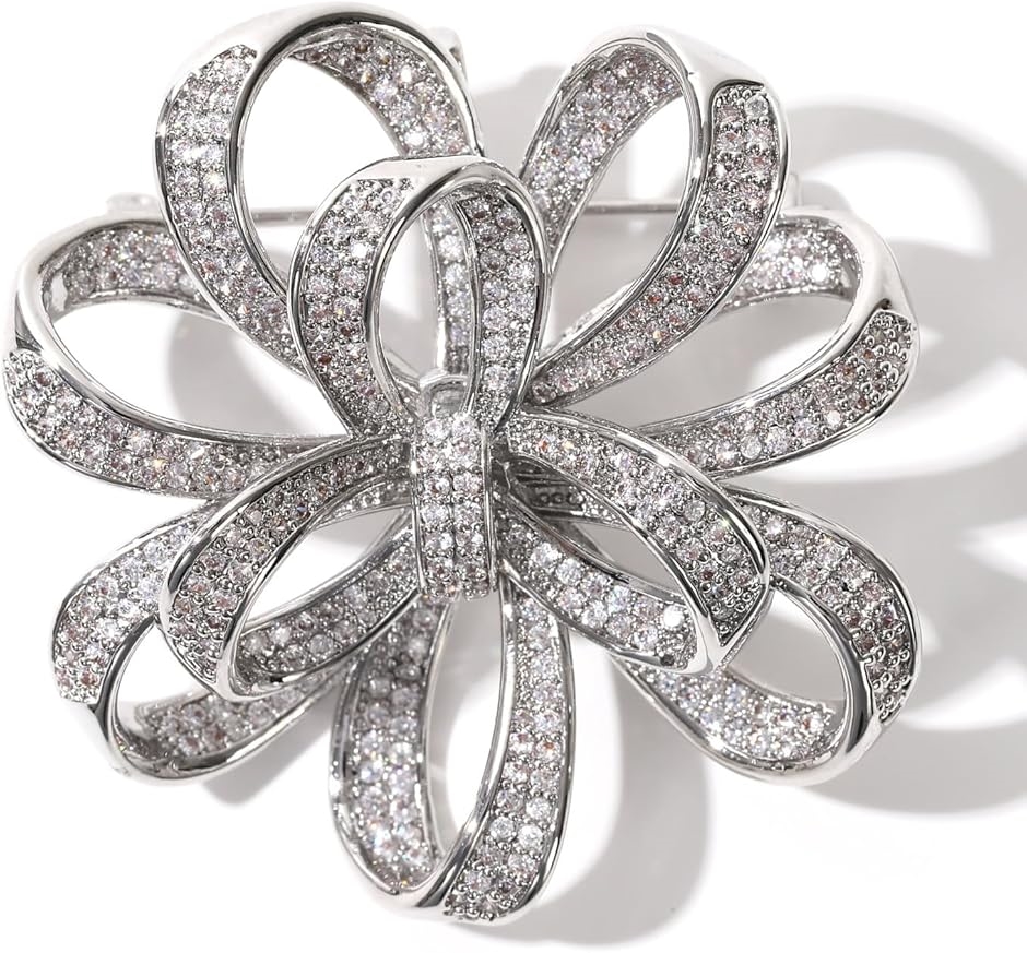ティグロス ブローチ ジルコン ジルコニア クリスタル リボン 記念日 お祝い コサージュ セレモニー シルバー ゴールド(シルバー)