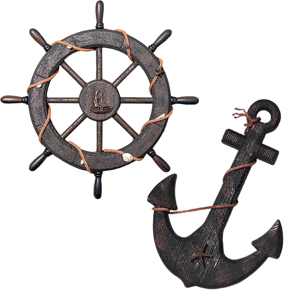海賊 オブジェ 舵 ＆ 碇 木製 かじ いかり 舵輪 船舵 錨 アンティーク