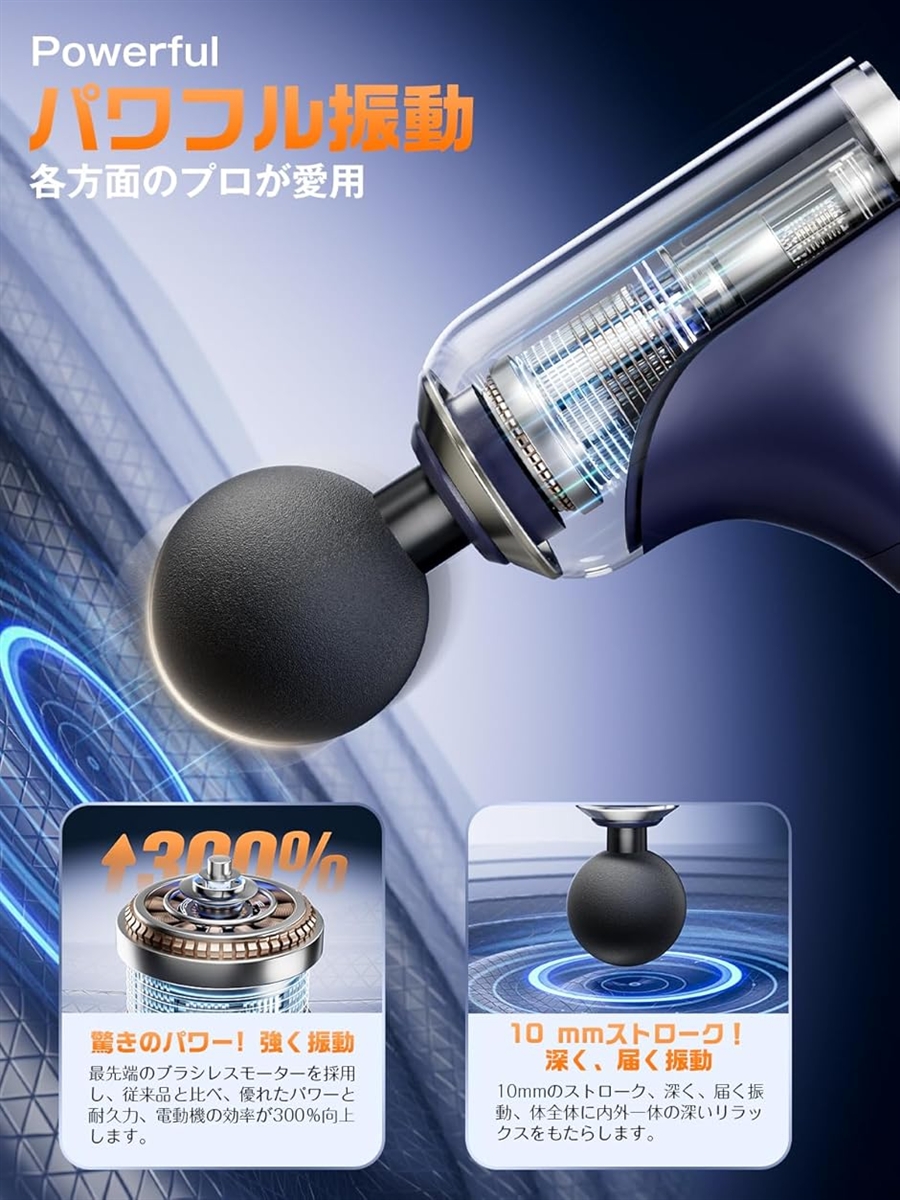 筋膜リリースガン ハンディガン パワフル 10mm振幅 背中まで届く 無段変速 伸縮ハンドル 筋膜ガン 静音 (ネイビーブルー)の画像