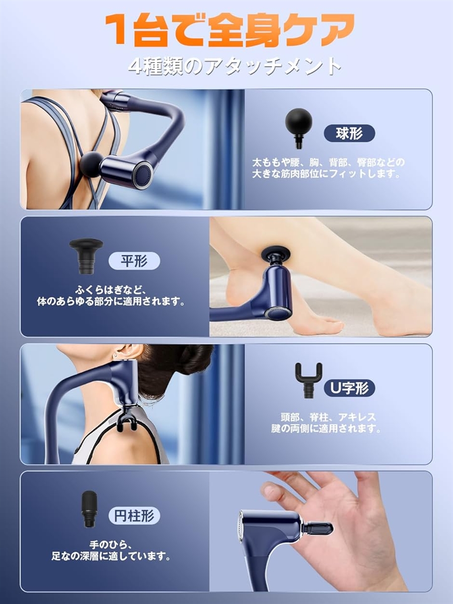 筋膜リリースガン ハンディガン パワフル 10mm振幅 背中まで届く 無段変速 伸縮ハンドル 筋膜ガン 静音 (ネイビーブルー)の画像