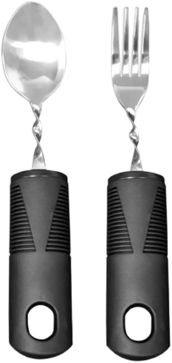 介護用スプーン 高齢者 介護用食器 食事介助用スプーン 握力補助付き 自助サポート食器 滑り止めハンドル(ブラック, 2点セット)