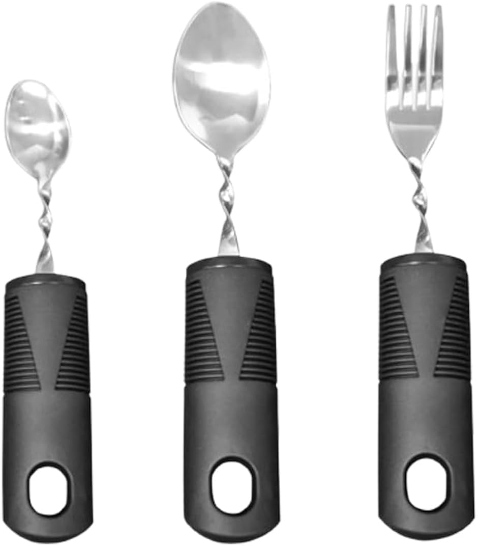 介護用スプーン 高齢者 介護用食器 食事介助用スプーン 握力補助付き 自助サポート食器 滑り止めハンドル (ブラック, 3点セット)