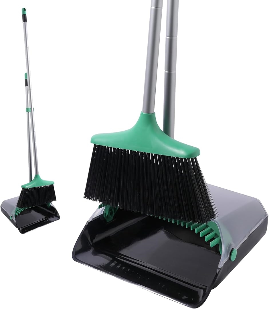 ほうき ちりとり 掃除セット 自立式 収納に便利 掃除道具 長柄 長さ調整可 67cm-116cm 防風 MDM(ブラック,  Medium)