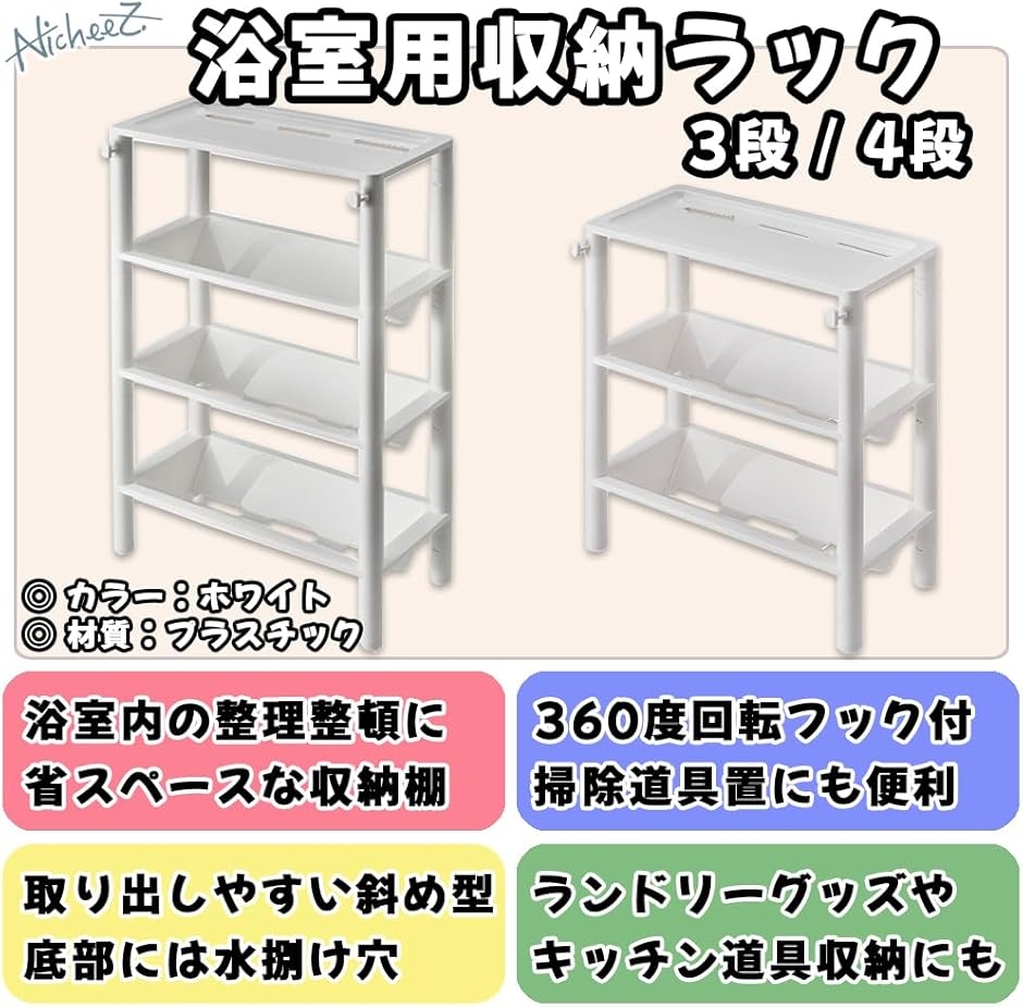 浴室用 ラック 組み立て 隙間 収納 コーナー 省スペース (ホワイト, 4