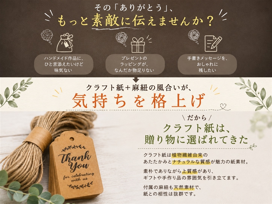 サンキュータグ 紐付き 紙 下げ札 荷札 ペーパータグ クラフト 100枚