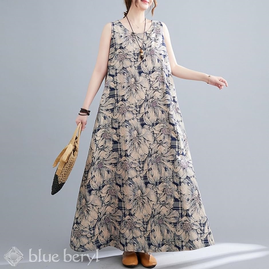 ワンピース レディース ロング ノースリーブ フラワープリント シック