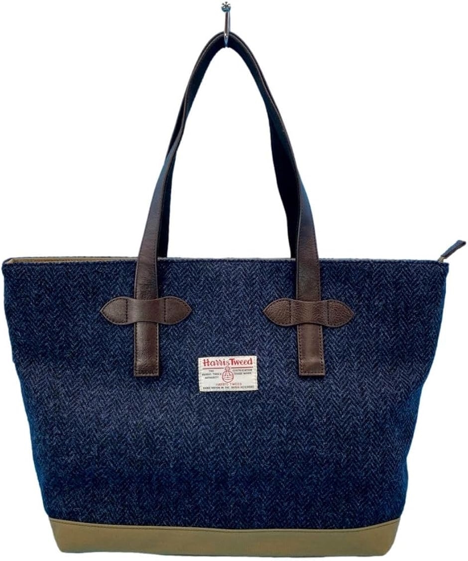 Harris Tweed ハリスツイードxパラフィン帆布の横型トート、牛革付属 