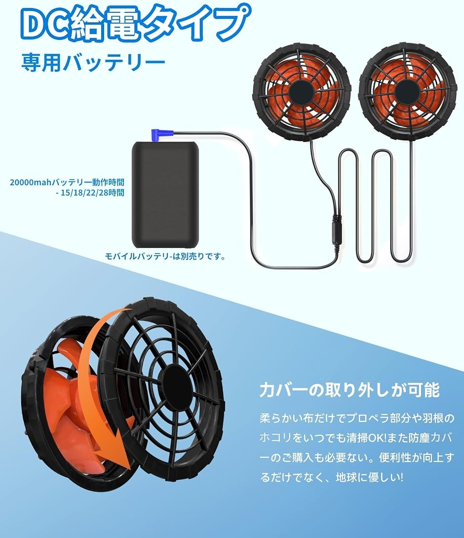 空調作業服 ファン 28V超高出力 薄型 DCケーブル付 5枚羽根 超大風量 