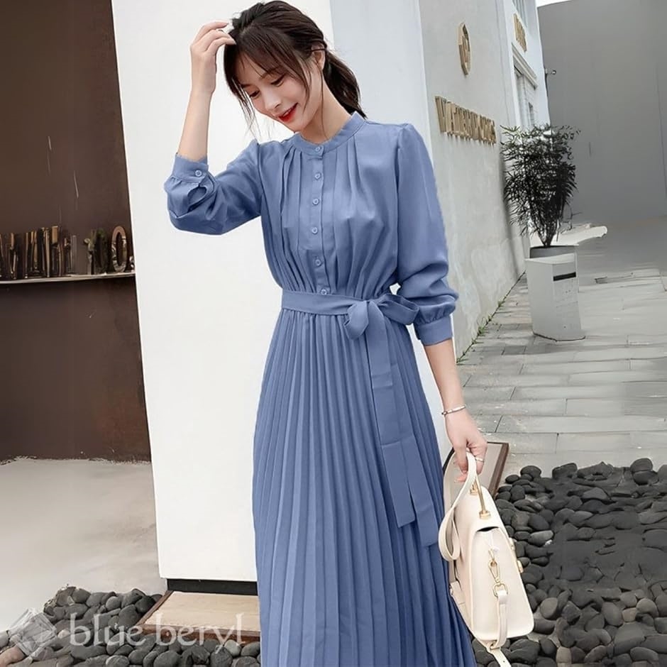ブルーベリル シフォンワンピース ロング プリーツ レディース 長袖