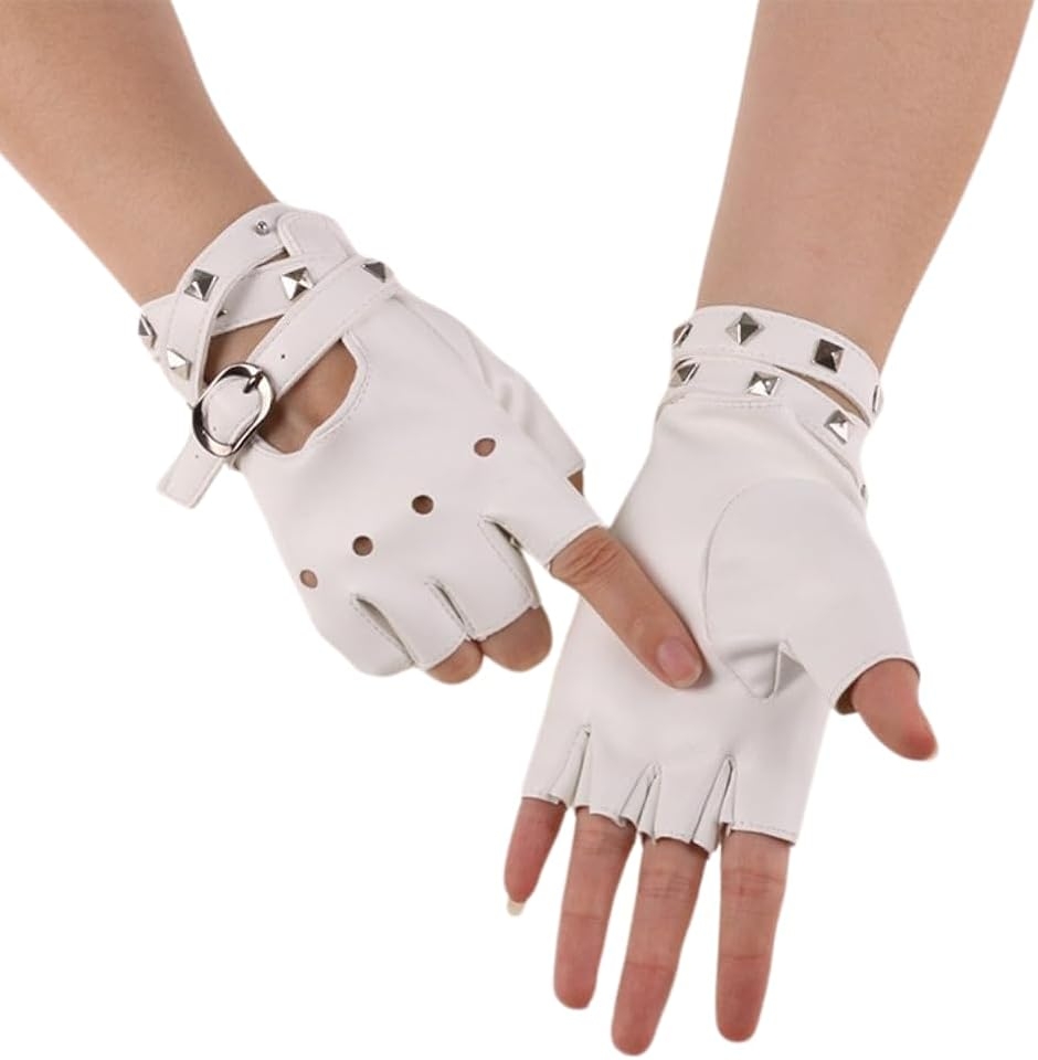 指なし手袋 革 レディース グローブ コスプレ フィンガーレスグローブ スタッズ付き フリーサイズ (ホワイト,  Free Size)