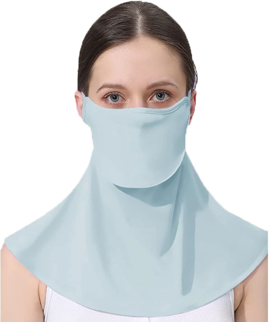 フェイスカバー レディース UVカット 接触冷感-5℃ 飲み物が飲める フェイスマスク ネックガード(ブルー,  Free Size)