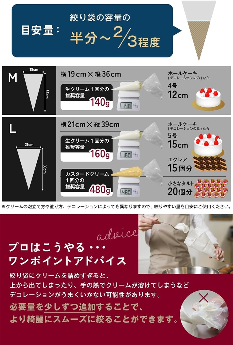 絞り袋| 現役パティシエ監修食品衛生法適合 厚手で破れにくい (L(100枚), L(39cmx21cm)) 関連画像5