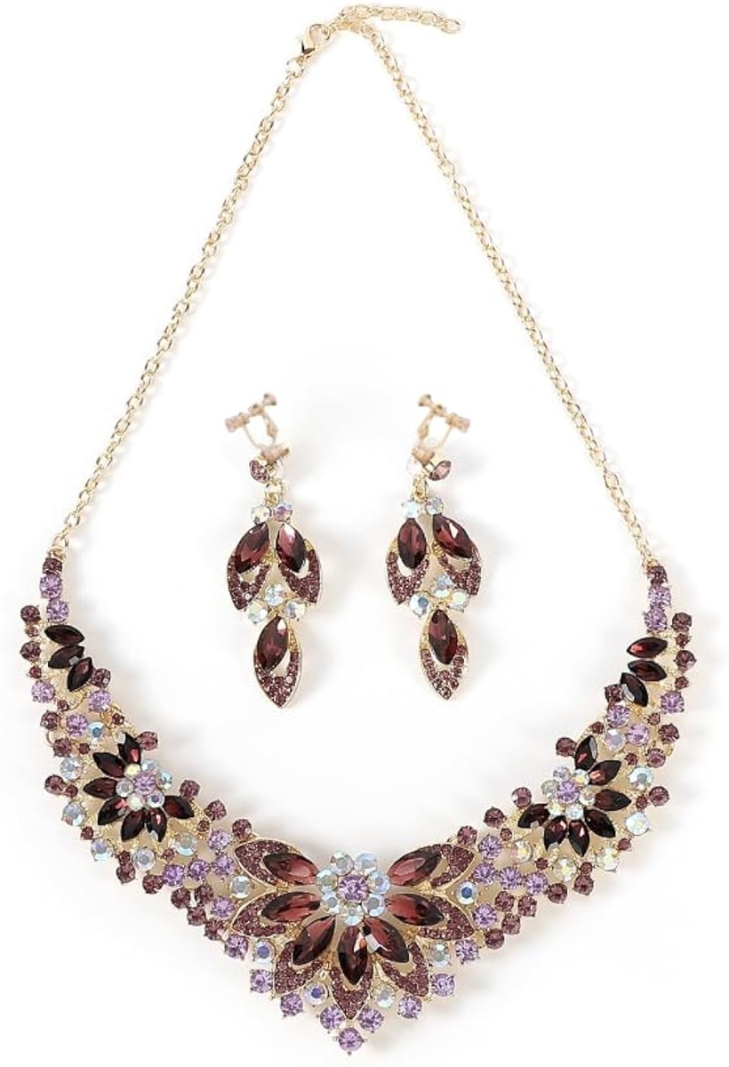 ＫＫ Ｓｏｌｉｓ お花モチーフ パープルマジェスティアンサンブル ゴージャスネックレス＆イヤリングピアスセット (パープル,  大きい)
