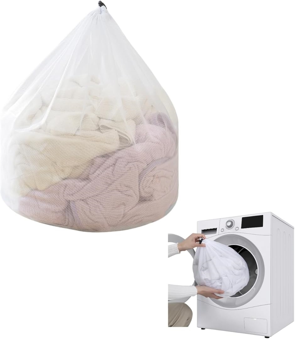 洗濯ネット 布団 毛布 寝具 ランドリーネット 大 円筒型 巾着型 洗濯機 (ホワイト(細かいメッシュ),  40cmx50cm)