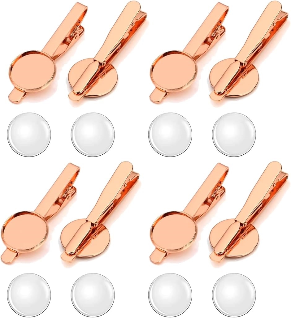 真鍮タイクリップ ネクタイピン タイバーセット トレイ ガラスカボション付き(ピンクゴールド8個,  幅約5mm x 長さ約54mm)