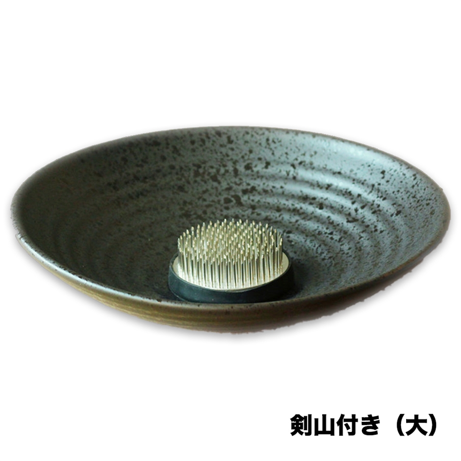 生け花 花器 水盤 陶器 楕円形 浅型 黒 (剣山あり, 大) : REAPRI