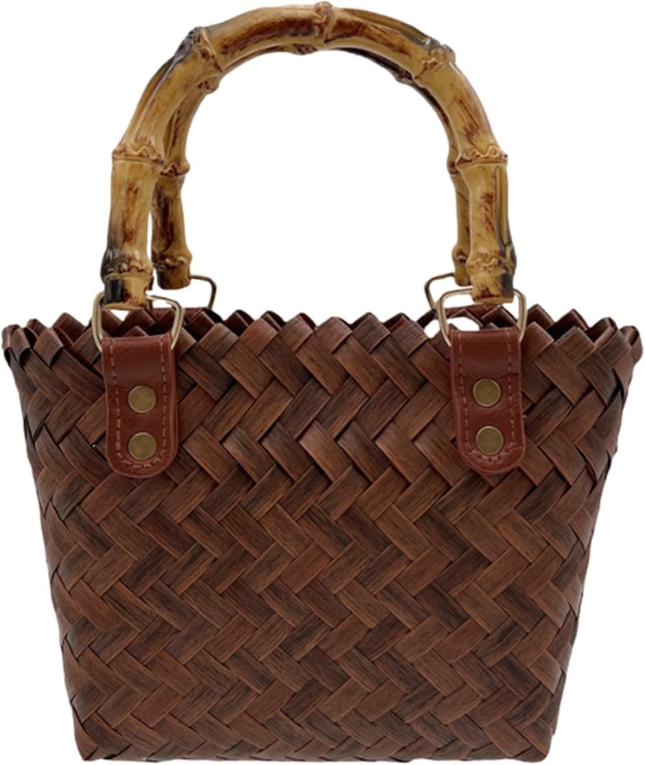 かごバッグ ハンドバッグ 編みカバン バンブーハンドル レディース カジュアル 手提げ 鞄 大容量 旅行(ブラウン,  Sサイズ)