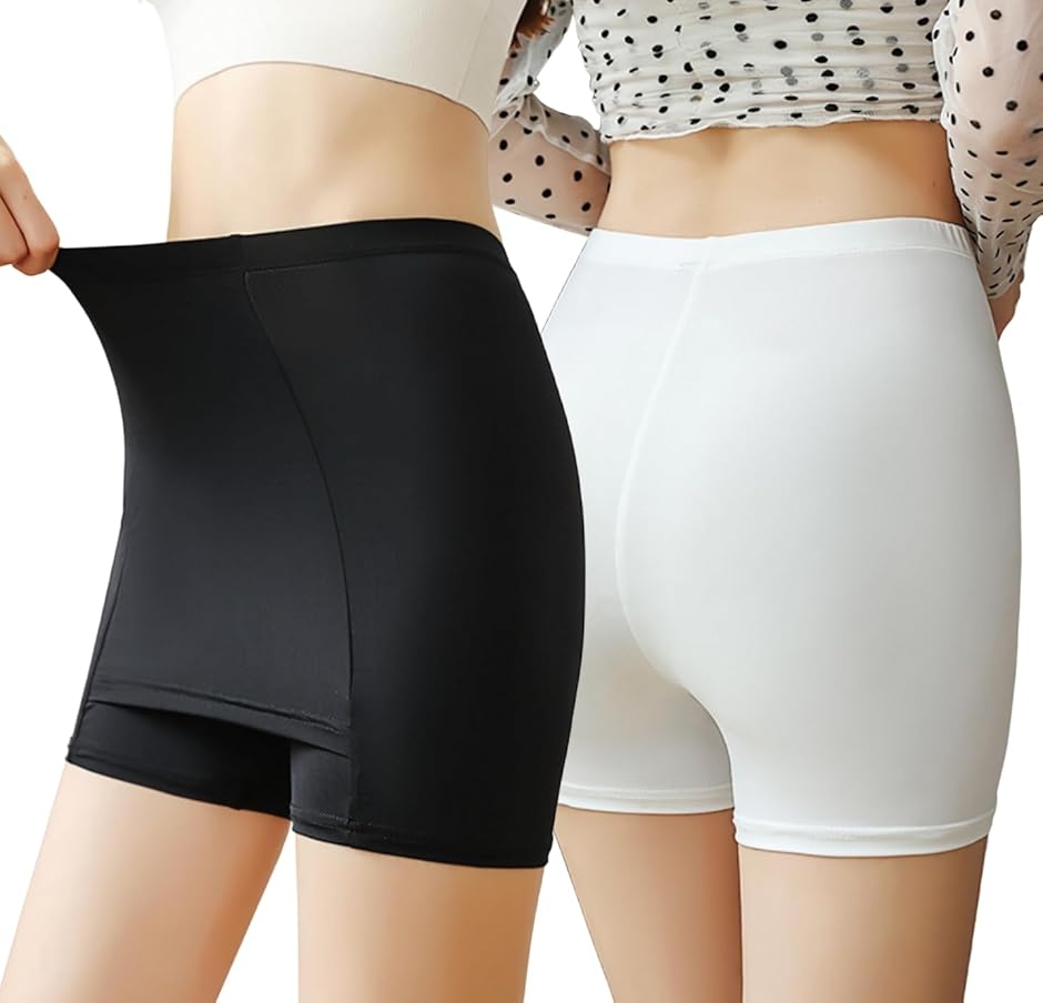 Yライン カバー ペチ パンツ 2枚 セット スカート 張り付き 透け 防止 ペチパン インナー レス (白 黒 セット, M-L)
