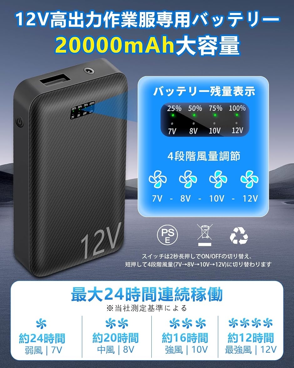 空調服 20000mAh 大容量バッテリー 最大14時間稼働 4段階風量調節 空調作業服 バッテリー 20000mAh 大容量 4段階風速調節 LED