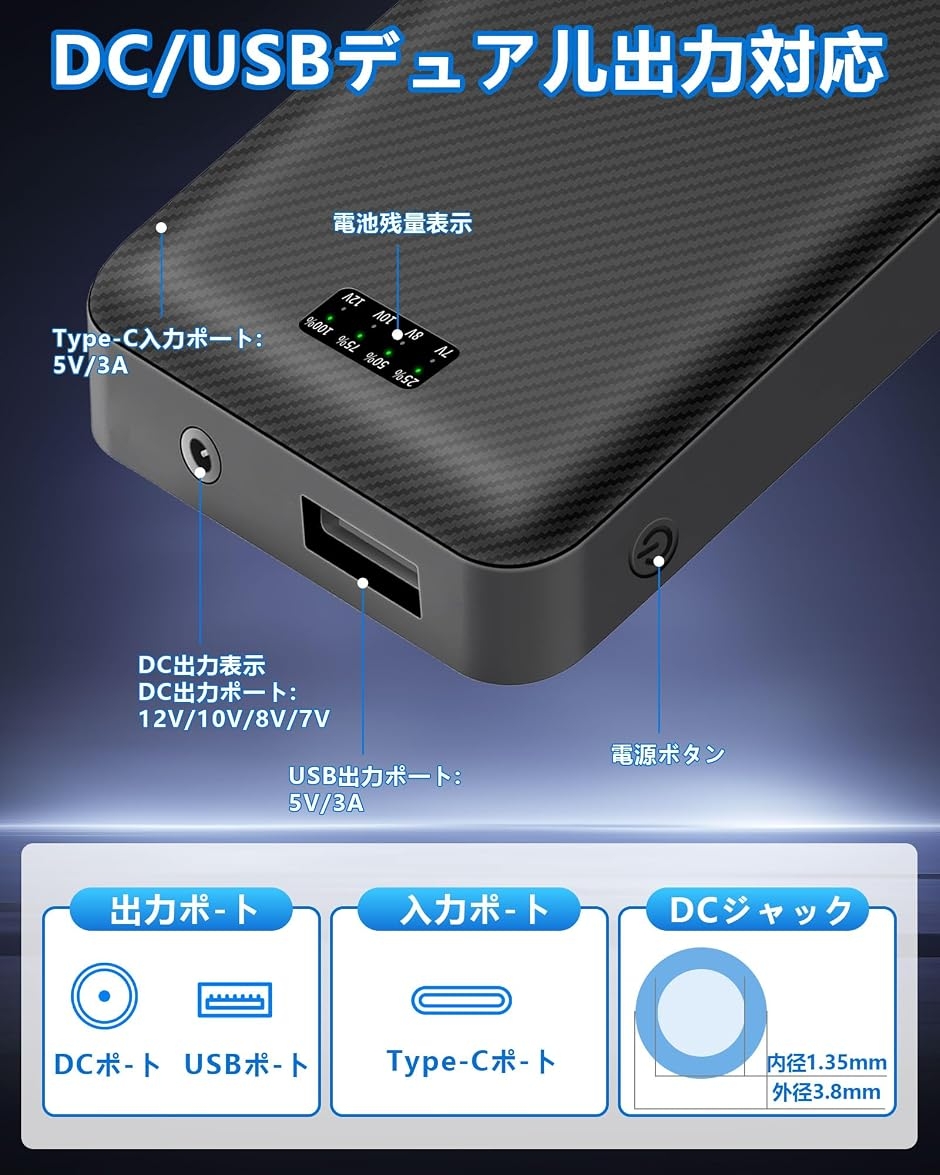 空調作業服 バッテリー 20000mAh 大容量 4段階風速調節 LED