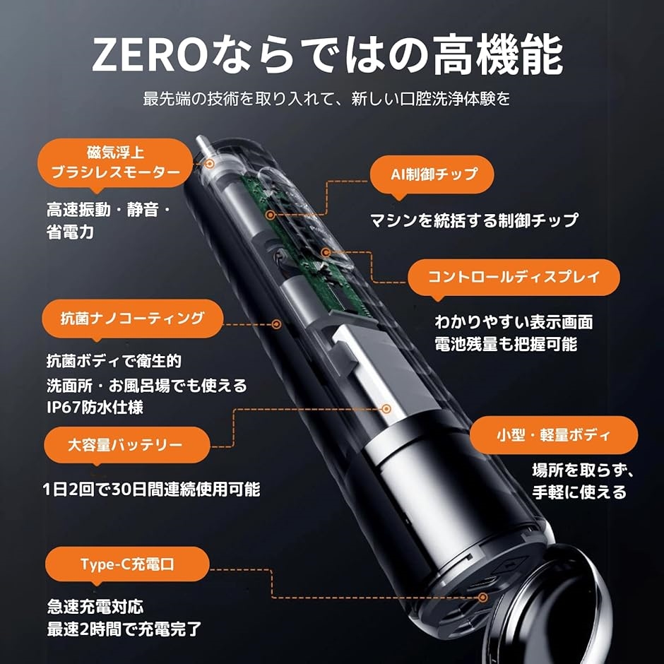 ZERO 口腔洗浄器 2in1音波式電動歯ブラシ＆ジェットウォッシャーPulseClean+ パルスクリーンプラス(ホワイト,  本体)の画像