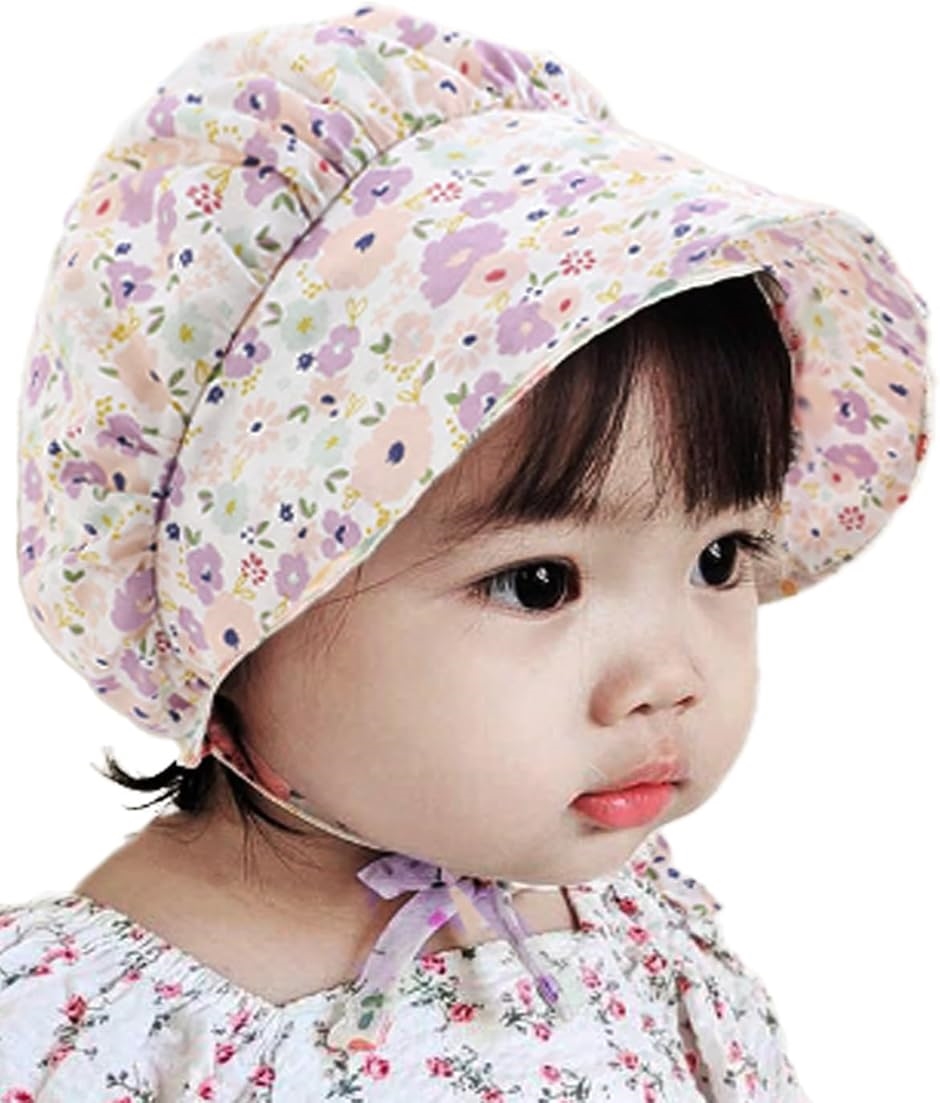 ベビー帽子 ボンネット 夏用 日よけ コットン 赤ちゃん 新生児 0才 1歳 40-48cm(パープル,  44.0-48.0 cm)