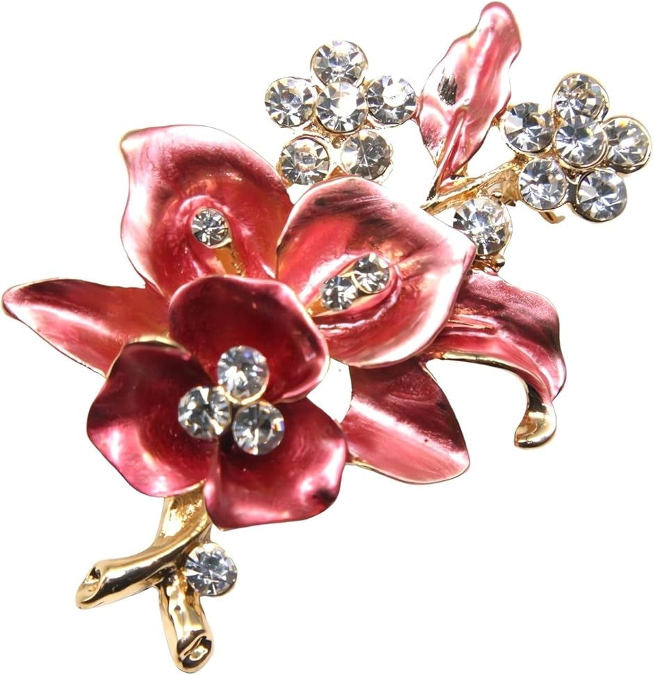 ミャオミャオ キュービックジルコニア ゴールド 花 フラワー リース リーフ リング ブローチ アクセサリー (レッド,  小さめ)