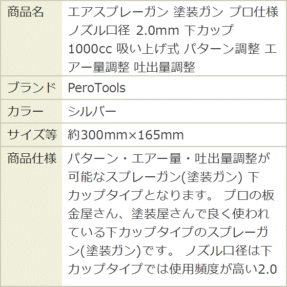エアスプレーガン 塗装ガン プロ仕様 ノズル口径 2.0mm 下カップ