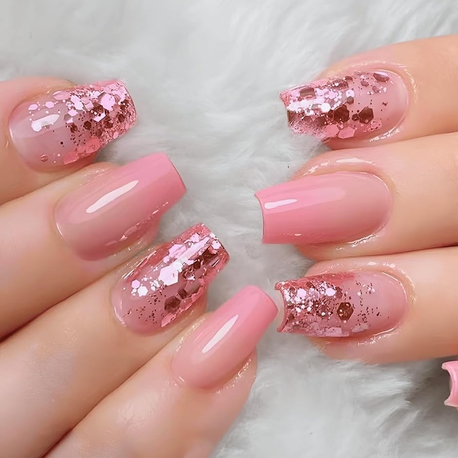 ネイルチップ ロング 24枚 ピンク 付け爪 短め 可愛い バレリーナ (ピンク, ロング)