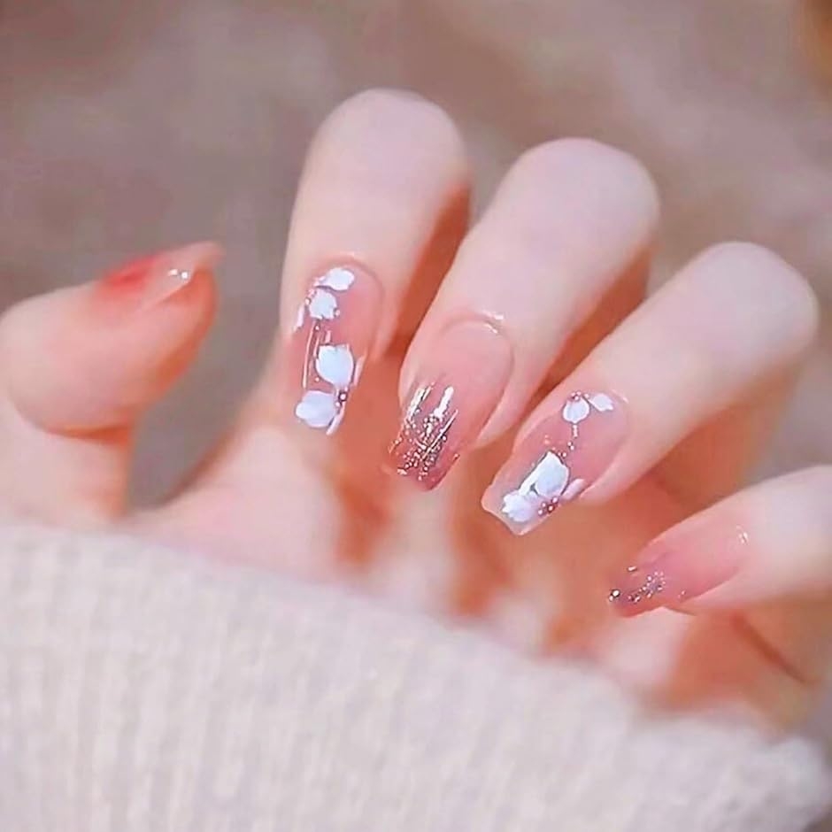 ネイルチップ ショート 24枚 付け爪 短め 可愛い バレリーナ スクエア (ピンク, ショート)